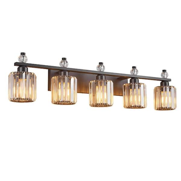 Home Lighting 35.82 in. 5-Light SandBlack Round Modern Crystal Vanity Light Fixtures Over Mirror For Bathroom (JW-291）