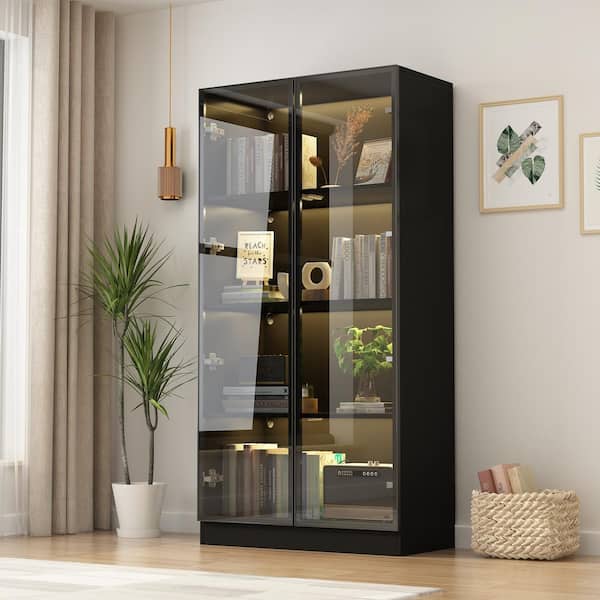 FUFU&GAGA Black Wood Display Cabinet With Tempered Glass Doors and 3-Color LED Lights