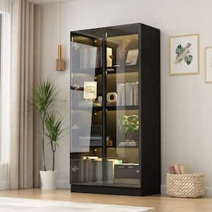 Black Wood Display Cabinet With Tempered Glass Doors and 3-Color LED Lights