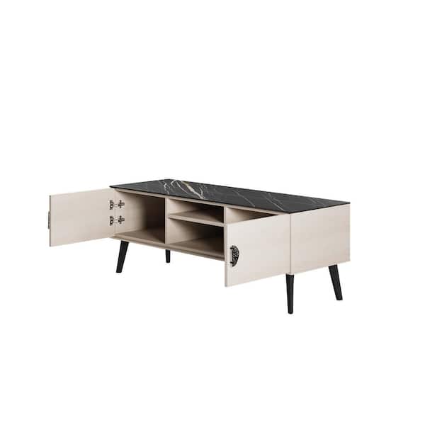 Haley 55.11 in. White and Black Marble TV Stand Fits TV's up to 46 in. with Storage and Cable Management
