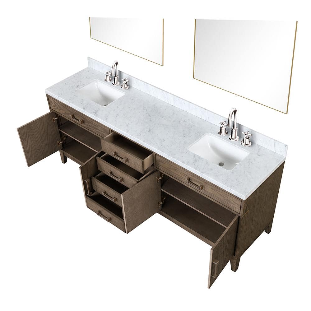 Lexora Fossa 84 in W x 22 in D Grey Oak Double Bath Vanity, Carrara Marble  Top, Faucet Set, and 36 in Mirrors LVF84DR111 - The Home Depot