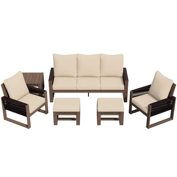 6-Piece Wood Outdoor Patio Conversation Set with Beige Cushion