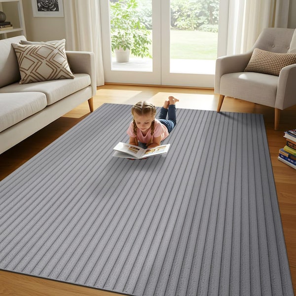 UltraPlush Touch 5 ft. x 7 ft. Grey Non-Slip Rubber Back Washable Polyester Stripes Indoor Area Rug