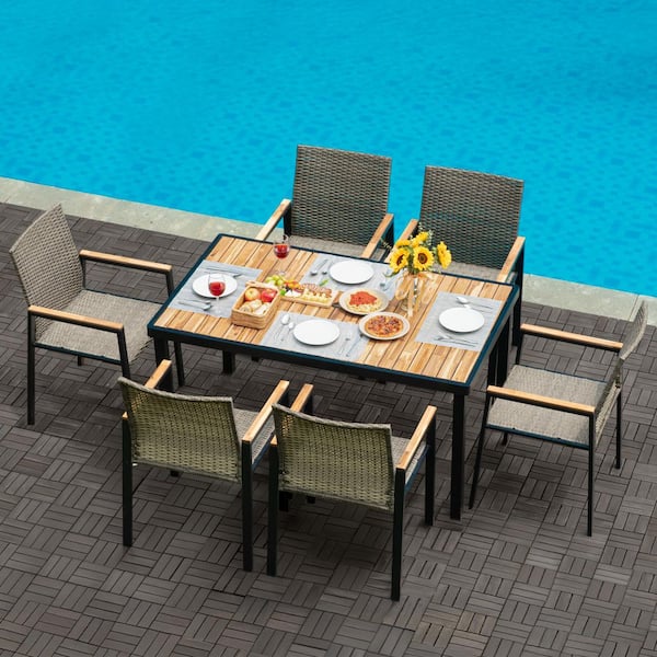 Gray 7-Piece Wicker Outdoor Dining Set with Acacia Wood Table Top, Rattan Patio Conversation Set with Umbrella Hole