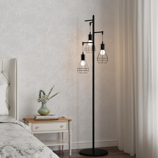 65 in. 3-Light Black Farmhouse Industrial Tree Floor Lamp Standing Lamp with Elegant Cage Shades