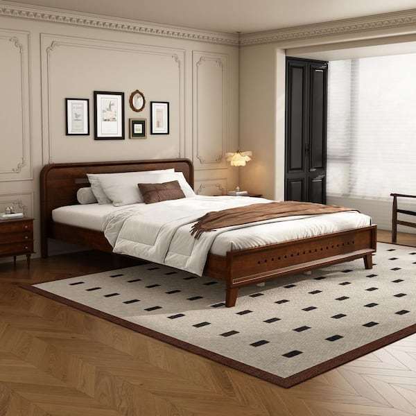 Aspen Rustic Dark Walnut Brown Wood Frame Queen Size Platform Bed with Headboard, Wooden Slats