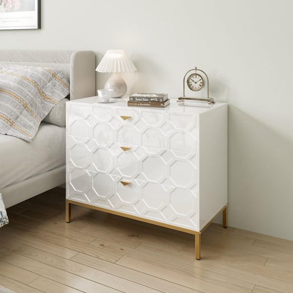 Honeycomb Wooden 3-Drawer Storage Cabinet Table in White