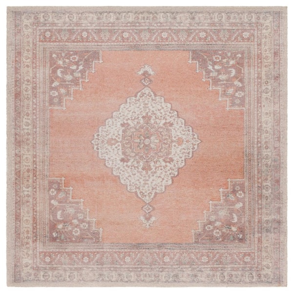 Classic Vintage 6 ft. x 6 ft. Ivory/Light Rust Faded Medallion Border Square Area Rug