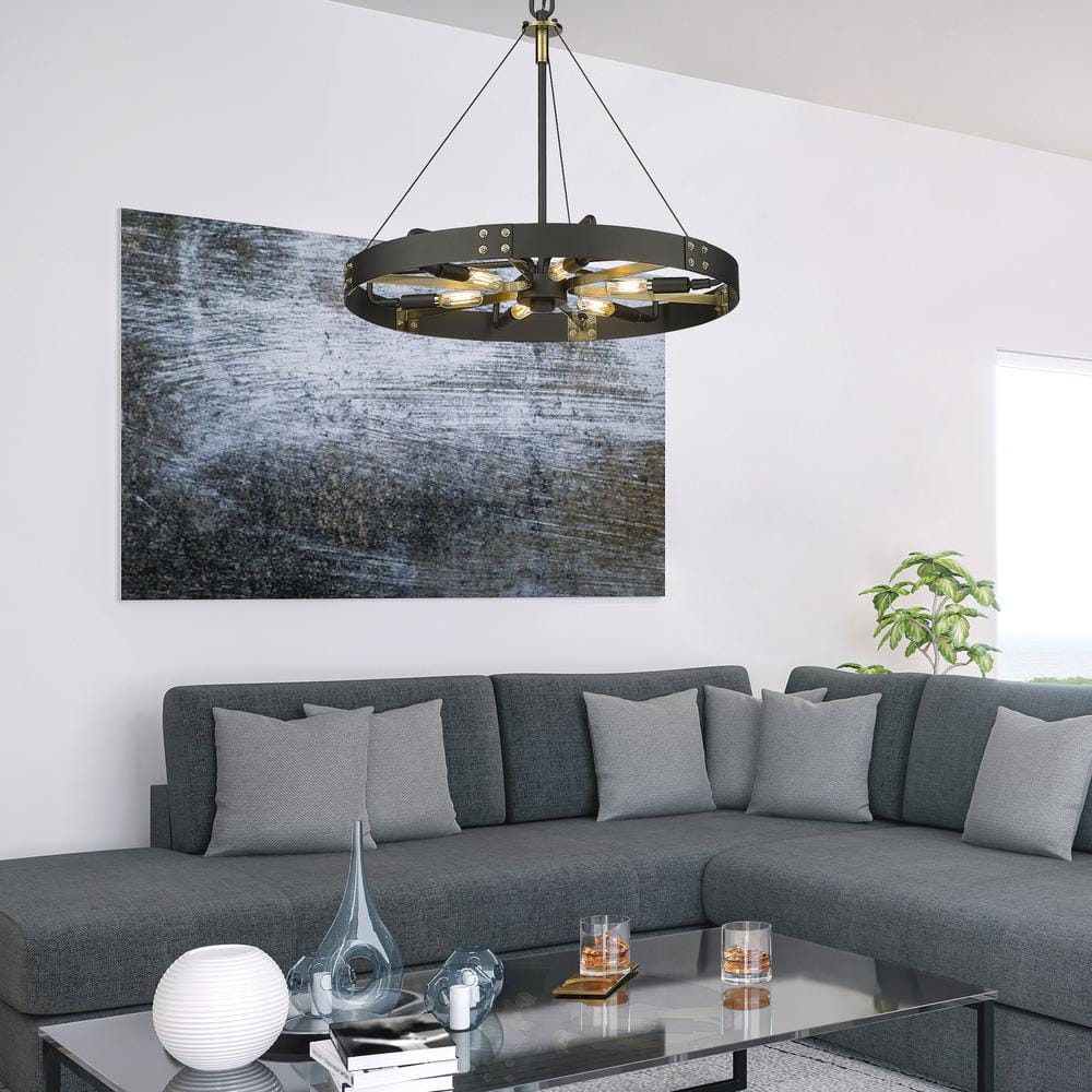 Aged Brass and Black 6-Light Wagon Wheel Pendant