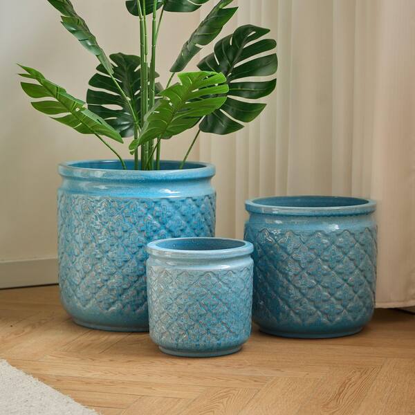 GOGEXX Set of 3 Handmade 9/12/15 in. H Blue Ceramic Flower Pots