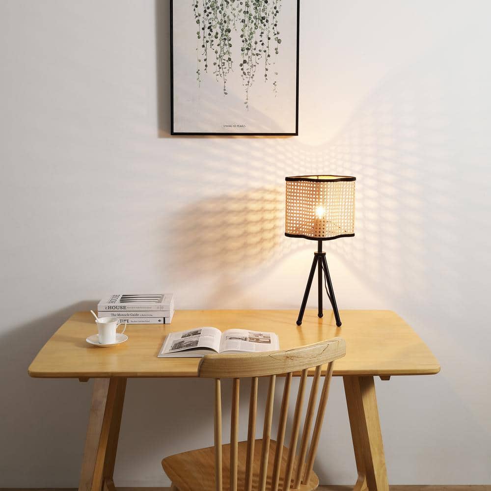 Black Iron Tripod Table Lamp with Rattan Shade