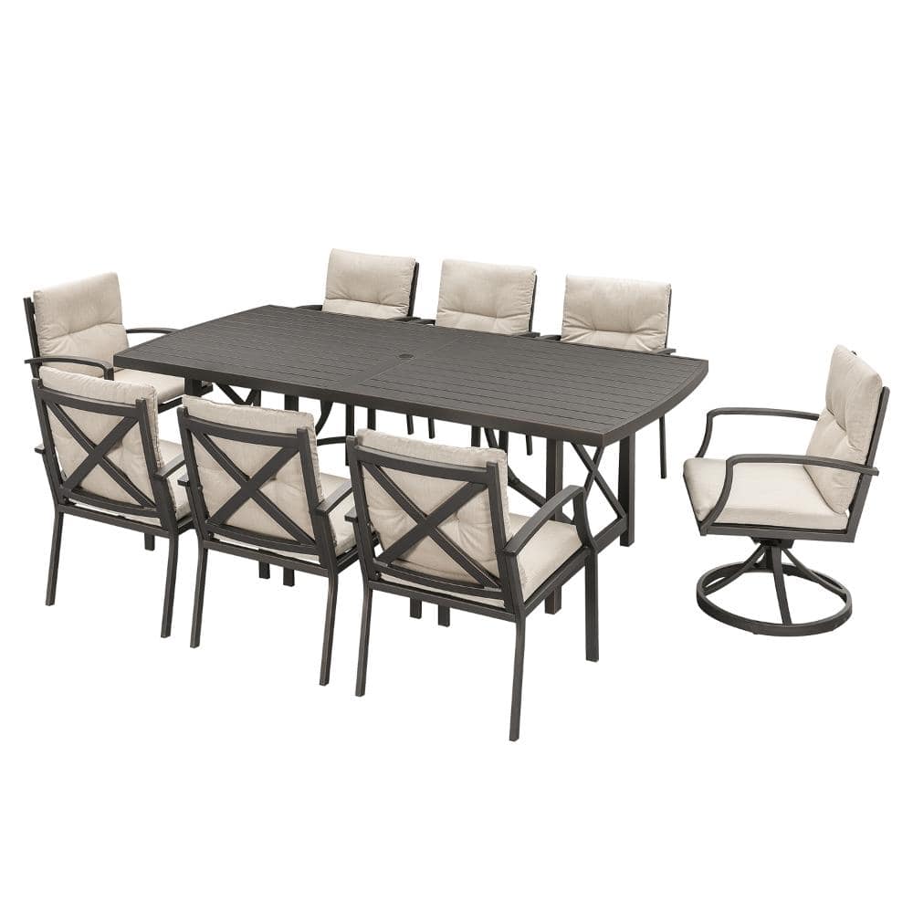 9-Piece Aluminum Outdoor Patio Dining Set with Rectangular Table and Dining Chair with Cushions, Gunmetal