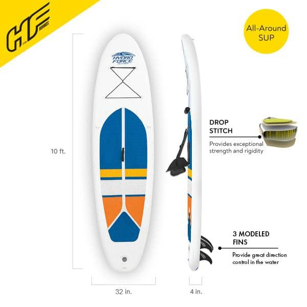 Hydro-Force White Cap 10 ft. Inflatable Stand Up Paddle Board SUP and Kayak, White