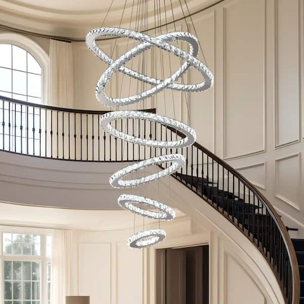 Modern 6-Light Integrated LED Chrome Color and Silver Chandelier with 6 Rings for High Ceilings