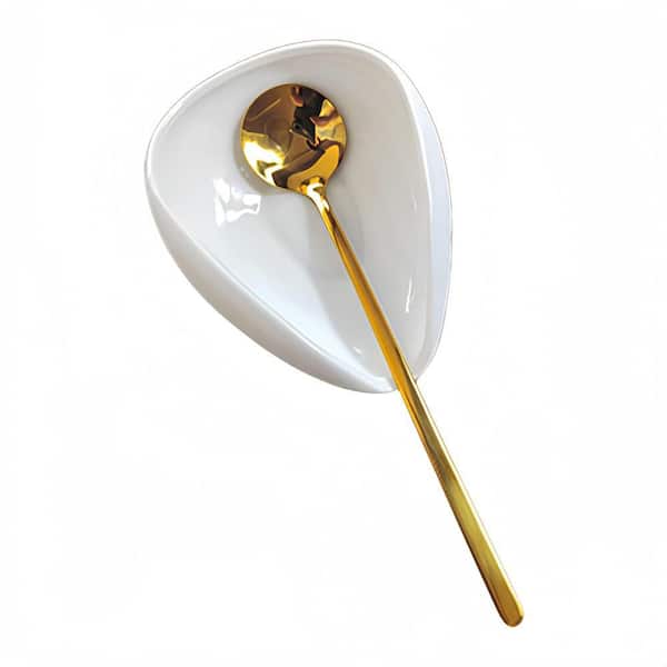 White Ceramic Spoon Rest with Gold Spoon for Coffee Stirrers, Teaspoon, Bar, Coffee Bar Accessories and Coffee Station