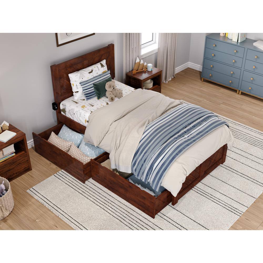 Walnut Twin Wood Platform Bed with Storage Drawers and Headboard
