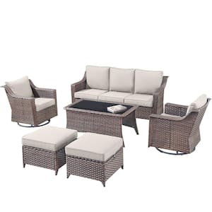 Skinny Guy Series 6-Piece Brown Wicker Outdoor Patio Conversation Corner Sofa Set with Cushion Guard Beige Cushions