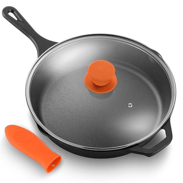 10.7 in. DiamaeterCast Iron Skillet with Lid, Pre-Seasoned, Small Fry Pan with Side Drip Spout and Silicone Handle