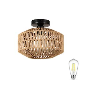 11.81 in. 1-Light Brown Mini Rattan Flush Mount Light with Dimmable LED Bulb