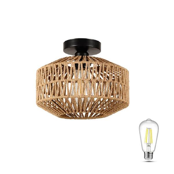 CIPACHO 11.81 in. 1-Light Brown Mini Rattan Flush Mount Light with ...