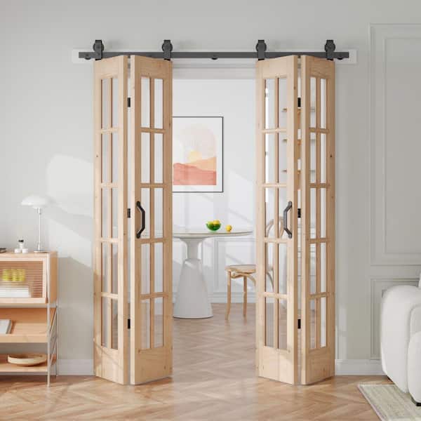 60 in. x 84 in. 1 Lite Pre Assembled Clear Glass Solid Core Wood Brown Bi-Fold Door with Hardware