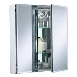 Double Door 25 in. W x 26 in. H x 5 in. D Aluminum Cabinet with Square Mirrored Door in Silver