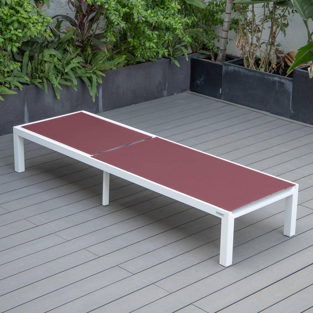 Marlin Modern White Aluminum Patio Chaise Lounge Set with Fire Pit Table in Burgundy