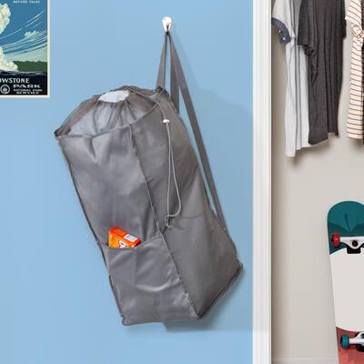 Gray Polyester Duffle Laundry Bag with Pocket
