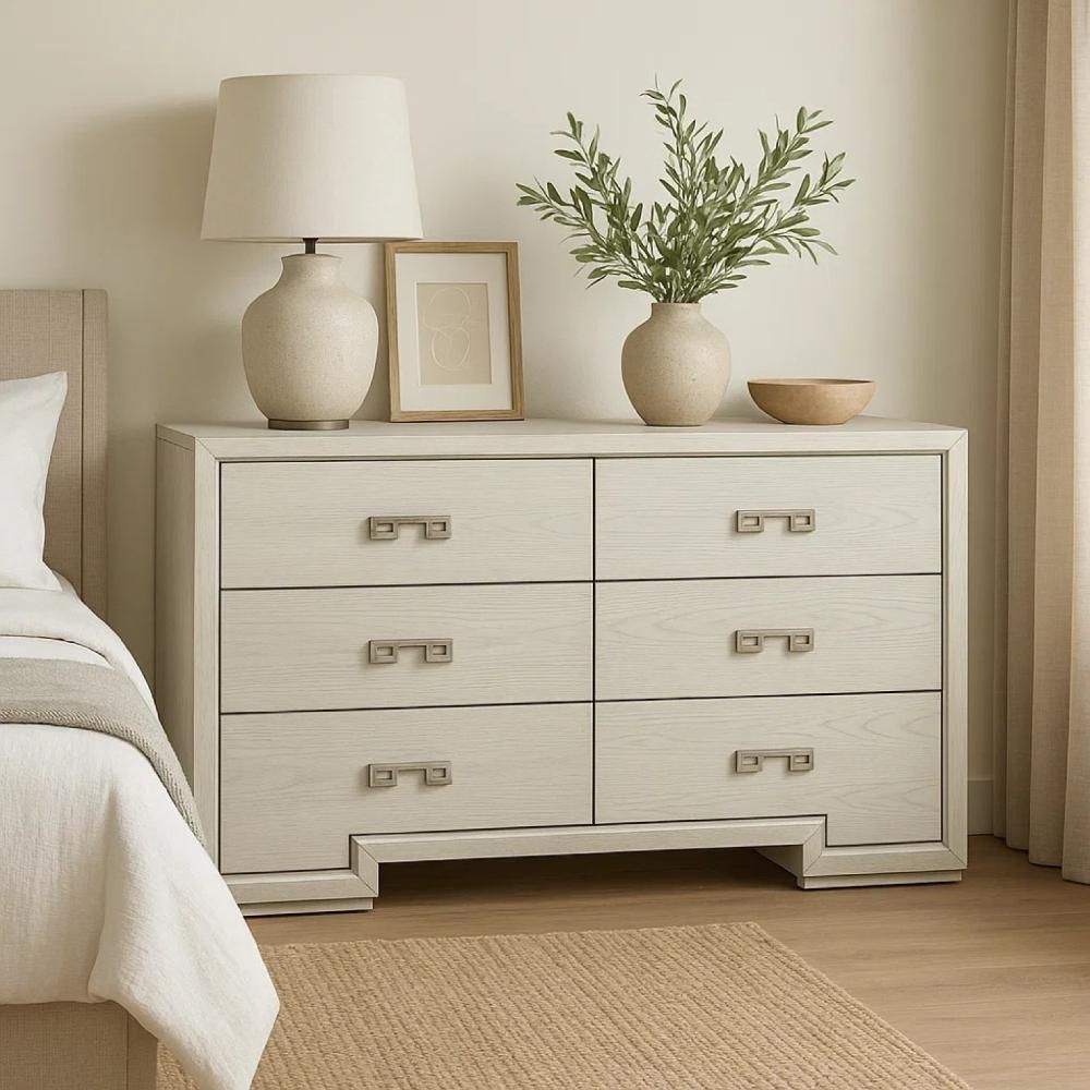 Basil Rustic White and Silver 6 Drawer 62 in. Dresser without Mirror