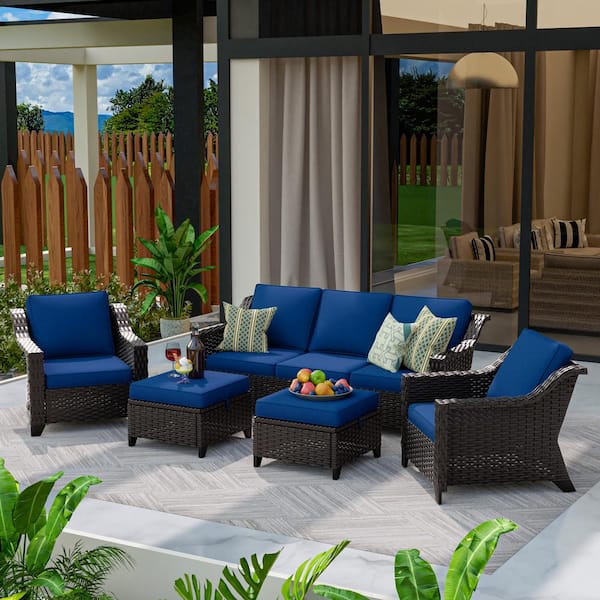 MeetLeisure Patio Sofa Set 5-Piece Outdoor Conversation Set with Blue Cushions, 2 Ottomans