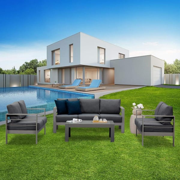 Unbranded 4-Piece Aluminum Patio Conversation Set with Coffee Table, Outdoor Modular Sectional Sofa Furniture Set, Gray Cushions