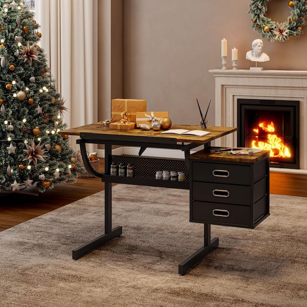 45.67 in. Rectangular Black Wood Adjustable Drafting Table Drawing Desk with 3-Drawer and Stool Metal Frame (2-Pieces)