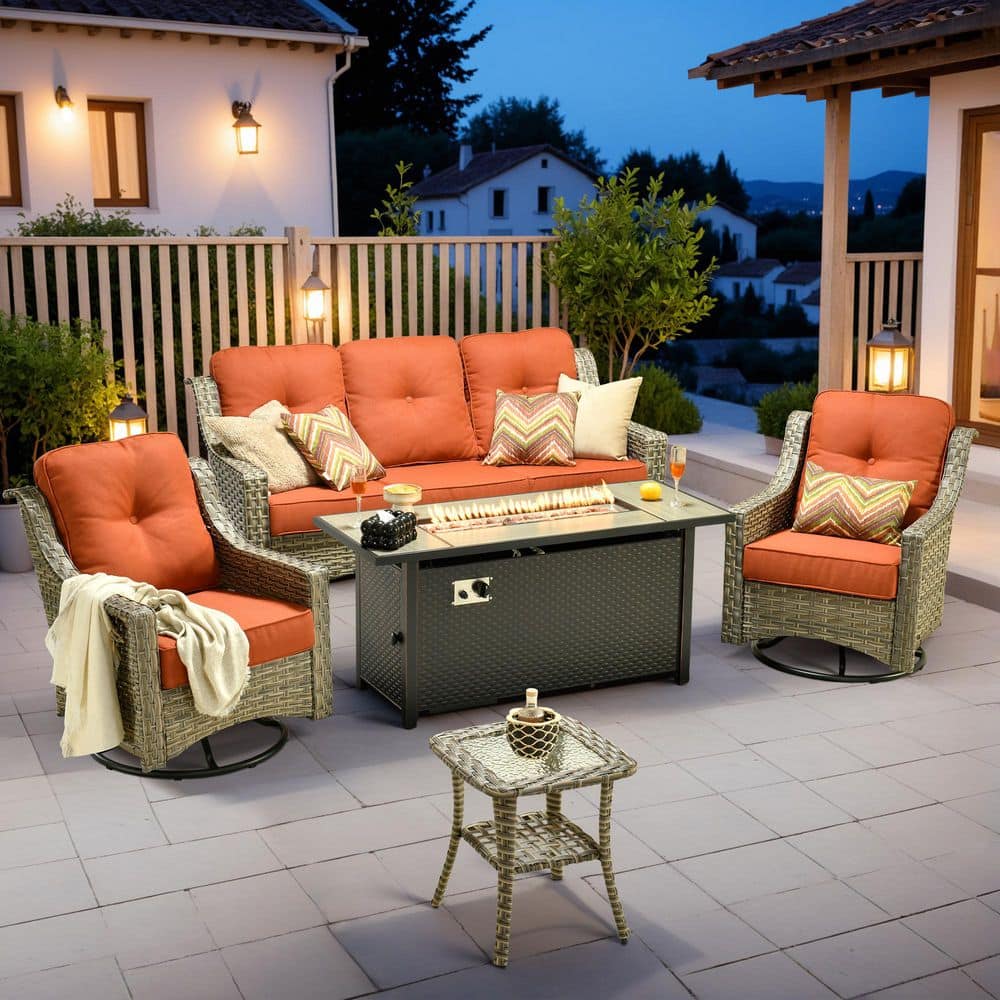 Cherry 5-Piece Wicker Outdoor Fire Pit Furniture Patio Conversation Sofa Set with Swivel Chairs and Red Cushions price history on PriceWatchPro