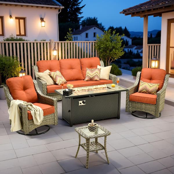 HOOOWOOO Cherry 5-Piece Wicker Outdoor Fire Pit Furniture Patio Conversation Sofa Set with Swivel Chairs and Red Cushions