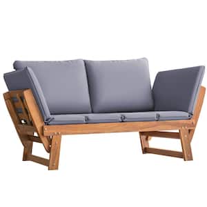78 in. Brown Acacia Wood Outdoor Convertible Sofa Patio Day Bed with Cool Gray Cushion