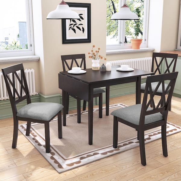 Harper & Bright Designs 5-Piece Espresso Drop Leaf Dining Table Set with 4 Upholstered Chairs