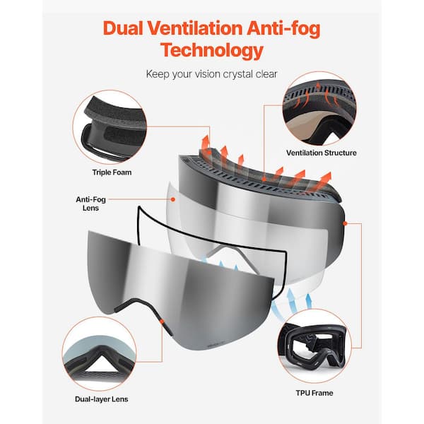 VEVOR Magnetic Cylindrical Ski Goggles, Frameless Silver Mirror