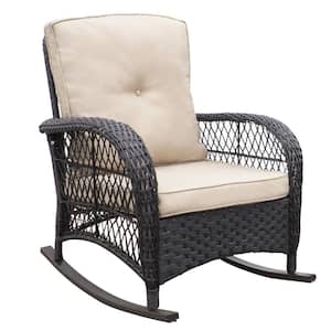 Dark Brown Wicker Metal Frame Outdoor Rocking Chair Rattan Rocker Chair with Beige Cushion for Backyard, Porch, Garden