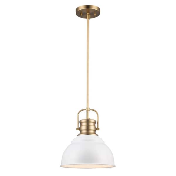 Monteaux Lighting Shelston 10 in. 1-Light White and Brass Farmhouse Pendant Light Fixture with Metal Shade