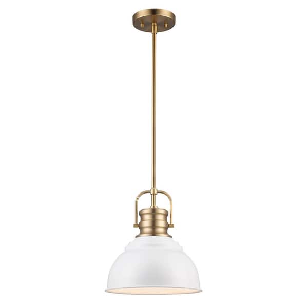 Shelston 10 in. 1-Light White and Brass Farmhouse Pendant Light Fixture with Metal Shade