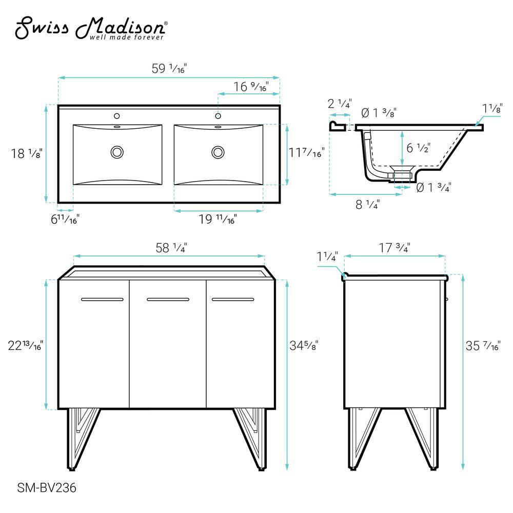 Annecy 60" Double Gray Freestanding Bathroom Vanity with Ceramic Top