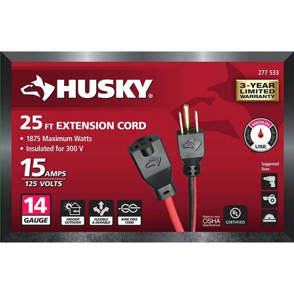 haru-to Husky 25 ft. 14/3 Indoor/Outdoor Extension Cord, Red and