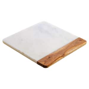 Marble Collection 12 in. Square White Marble Cutting Board with Wood Accents