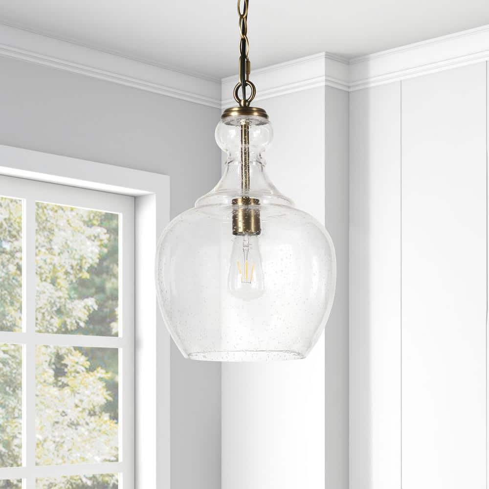 Verona 1-Light Brass Pendant with Seeded Glass Shade
