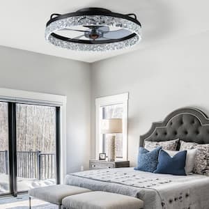 19.6 in. LED Indoor Black Crystal Flush Mount Ceiling Fan with Light Dimmable for Low Profile Bedroom