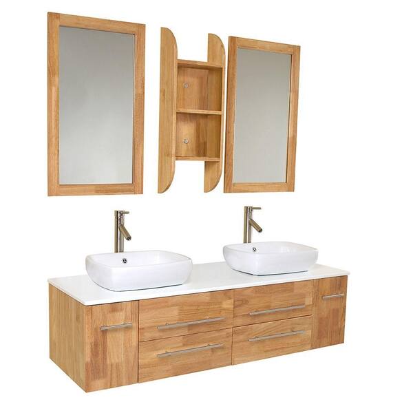 Fresca Bellezza 59 in. Double Vanity in Natural Wood with Marble Vanity Top in White with White Basins and Mirror