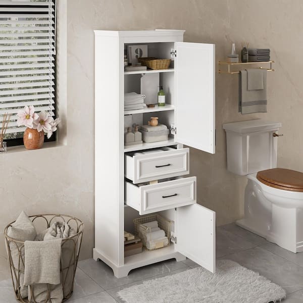 White Wood 71 in. H Accent Cabinet Bathroom Linen Cabinet Storage Cabinet with Adjustable Shelf, 2 Drawers