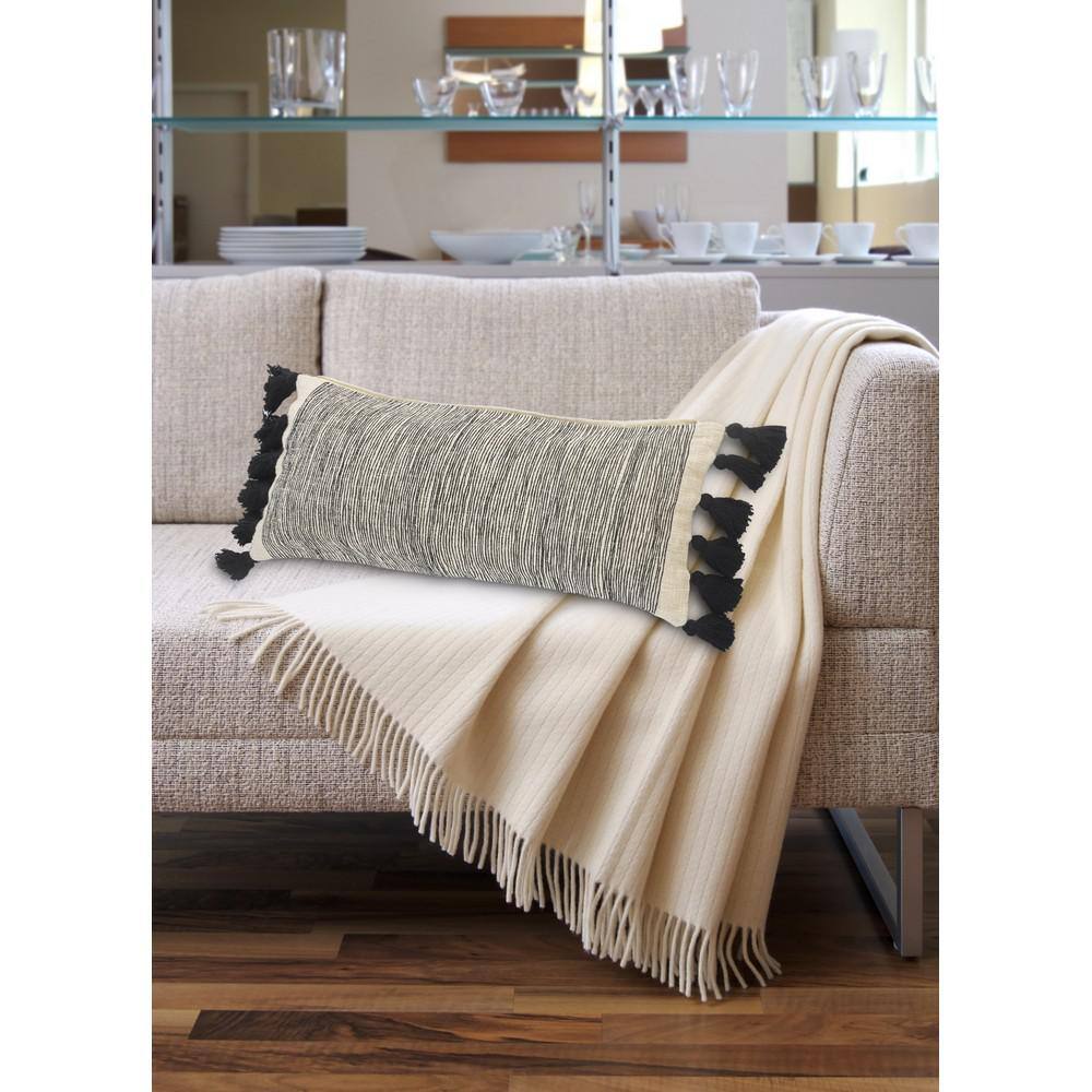 Distressed Gray and Black Rectangular Fringe Pillow