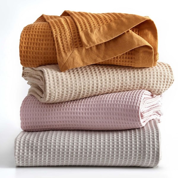 FRESHFOLDS Beige 100% Cotton Twin Lightweight Waffle Weave Blanket GB35505