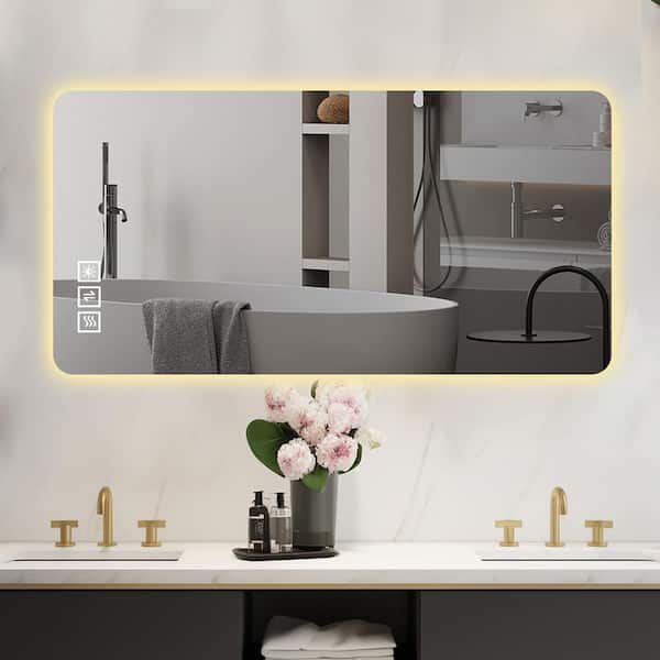 FUNKOL 23.6 in. W x 39.5 in. H Silver Rectangular Frameless Wall Bathroom Vanity Mirror in Glass with LED